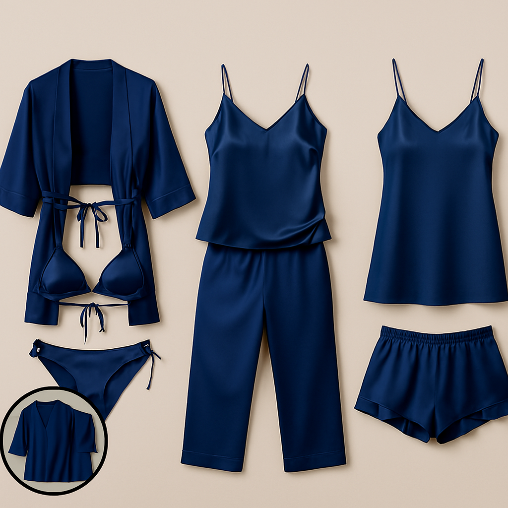 7-Piece Satin Sleepwear & Lingerie Set for Women – Luxury Nightwear Collection with Robe, Slip Dress, Camisole & More