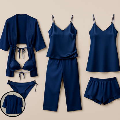 7-Piece Satin Sleepwear & Lingerie Set for Women – Luxury Nightwear Collection with Robe, Slip Dress, Camisole & More