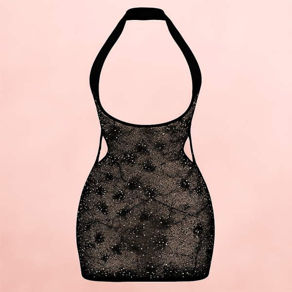 Sheer Glitter Halter Mini Dress – Keyhole Front, Open Back, Body Stocking Style (black, Free Size)