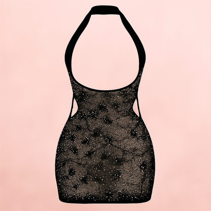 Sheer Glitter Halter Mini Dress – Keyhole Front, Open Back, Body Stocking Style (black, Free Size)