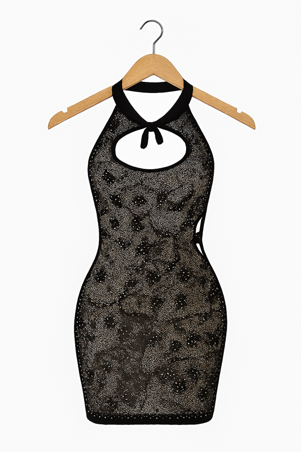 Sheer Glitter Halter Mini Dress – Keyhole Front, Open Back, Body Stocking Style (black, Free Size)