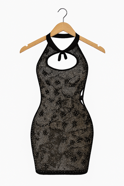 Sheer Glitter Halter Mini Dress – Keyhole Front, Open Back, Body Stocking Style (black, Free Size)