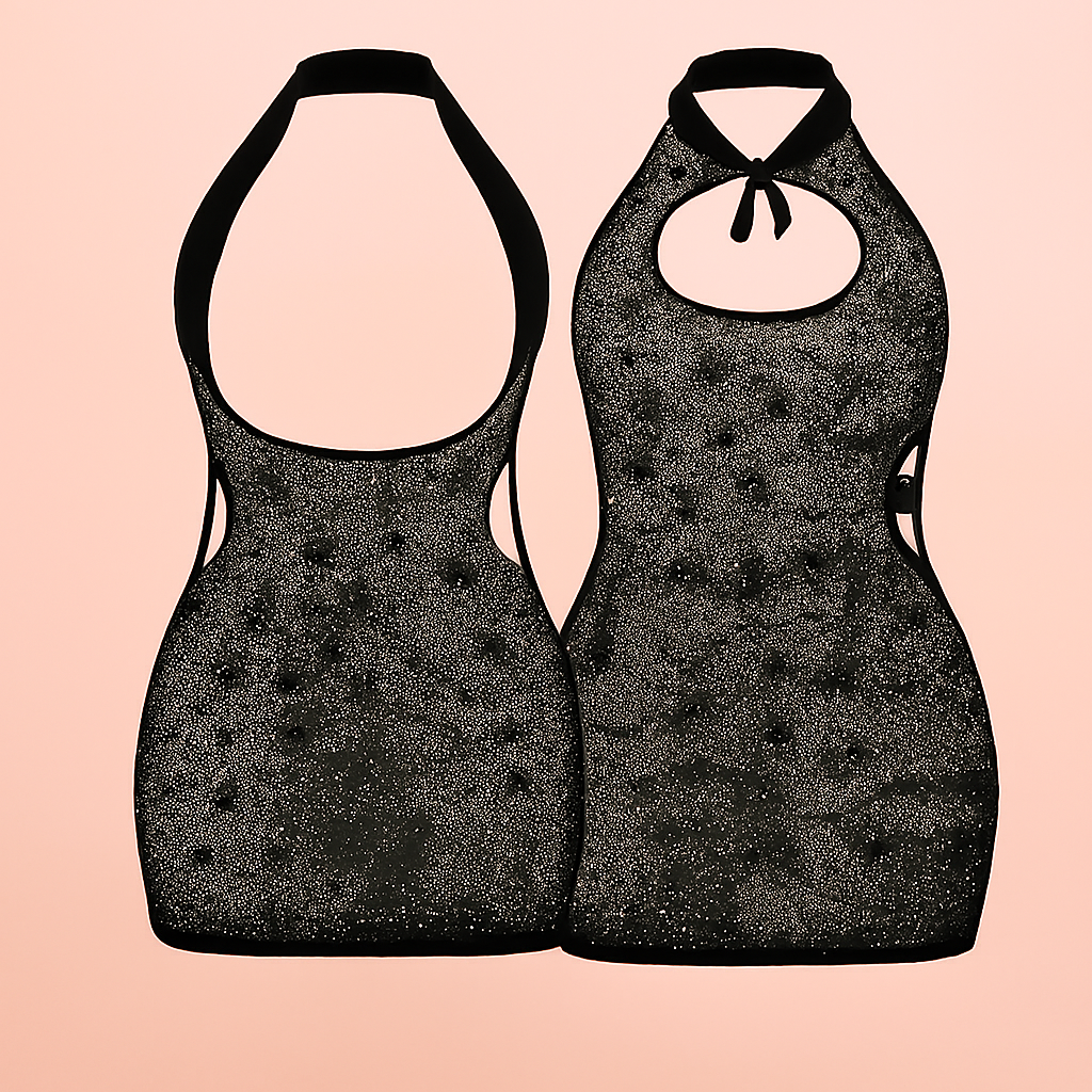 Sheer Glitter Halter Mini Dress – Keyhole Front, Open Back, Body Stocking Style (black, Free Size)