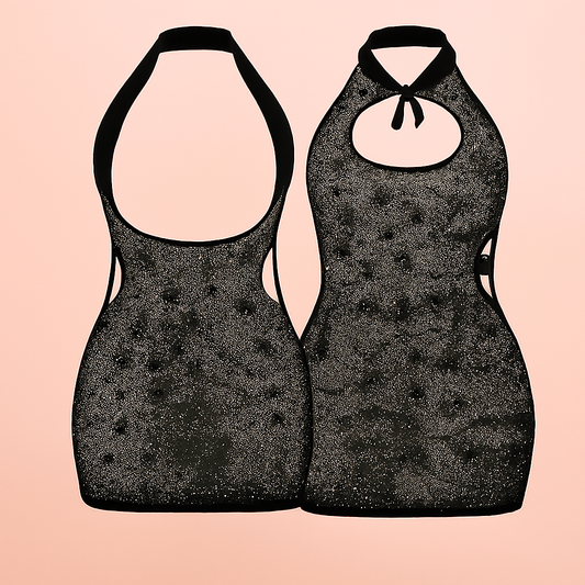 Sheer Glitter Halter Mini Dress – Keyhole Front, Open Back, Body Stocking Style (black, Free Size)
