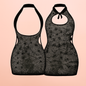 Sheer Glitter Halter Mini Dress – Keyhole Front, Open Back, Body Stocking Style (black, Free Size)