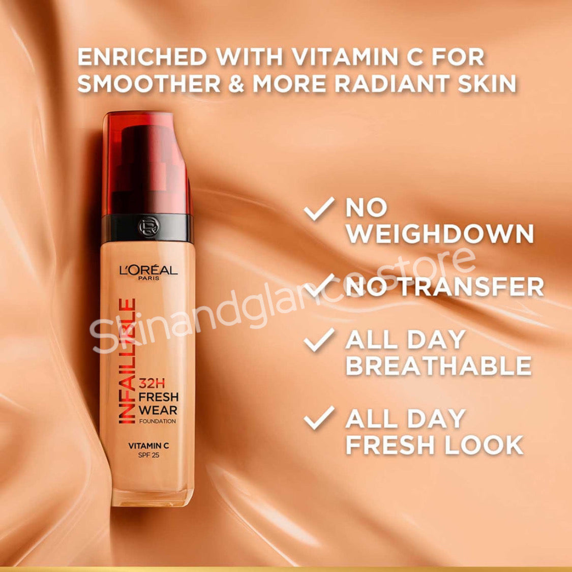 L’oréal Paris Infallible 32h Fresh Wear Foundation, Full-coverage, Longwear, Weightless Smooth Finish, Water-proof And Transfer-proof, With Vitamin C 30ml