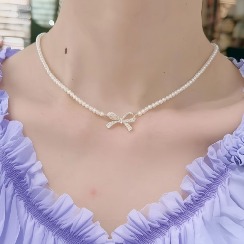 Pqt-992 – Bow Shape Pearl Pendant Necklace For Women – Dainty Jewelry With Sparkling Bow Design | Available In Silver & Golden Finish | Perfect Gift For Weddings, Parties & Everyday Glamour