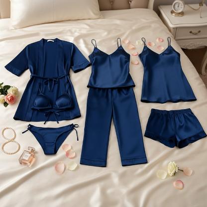 7-Piece Satin Sleepwear & Lingerie Set for Women – Luxury Nightwear Collection with Robe, Slip Dress, Camisole & More