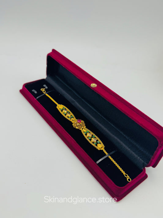 24K Gold-Plated Bracelet with Red &amp; Green Stones – Unique Turkish Chord Design