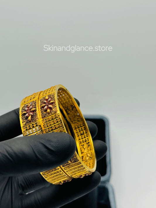A Set of 2 Elegant 24K Gold-Plated Floral Bangles,