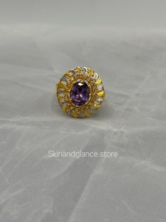 Unique Design Beautiful Gold plated Ring with Purple Fluorite Stone, 24 karat Gold plated.