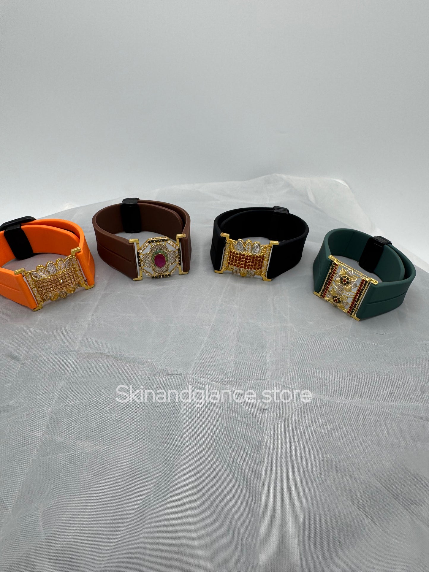 Set of Four (4) Antique Jewel Bracelets with diferent strap colors unique Designs, 24 karat Gold Plated Jewel