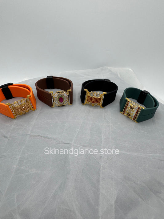 Set of Four (4) Antique Jewel Bracelets with diferent strap colors unique Designs, 24 karat Gold Plated Jewel