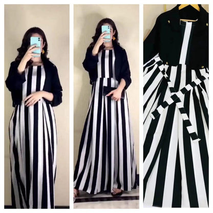 2 Pcs Women's Stitched Linen Striped Maxi