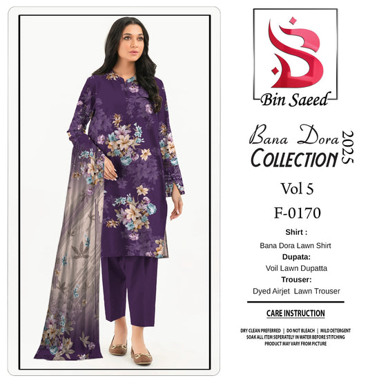 ✨ Binsaeed❤️ Bana Dora 3piece Unstitched Suit Summaer Lawn Collection