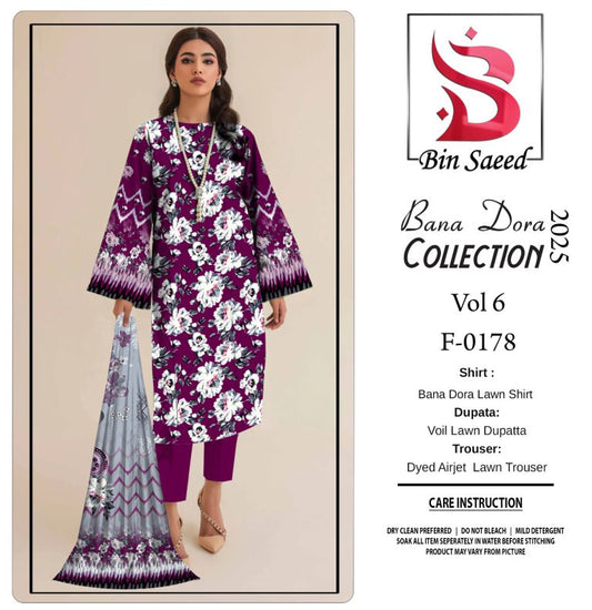 ✨ Binsaeed❤️ Bana Dora 3piece Unstitched Suit Summaer Lawn Collection