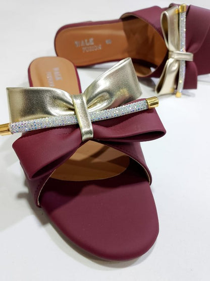 Stylish Maroon Block Heel Slip-on Slippers For Women With Golden Bow And Rhinestone Detailing – Comfortable Daily & Party Wearone Perfect Pair Stylish | Comfortable | Premium Quality | Slipper | Slipper For Women (with Box)