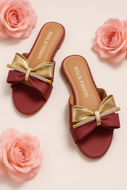 Stylish Maroon Block Heel Slip-on Slippers For Women With Golden Bow And Rhinestone Detailing – Comfortable Daily & Party Wearone Perfect Pair Stylish | Comfortable | Premium Quality | Slipper | Slipper For Women (with Box)
