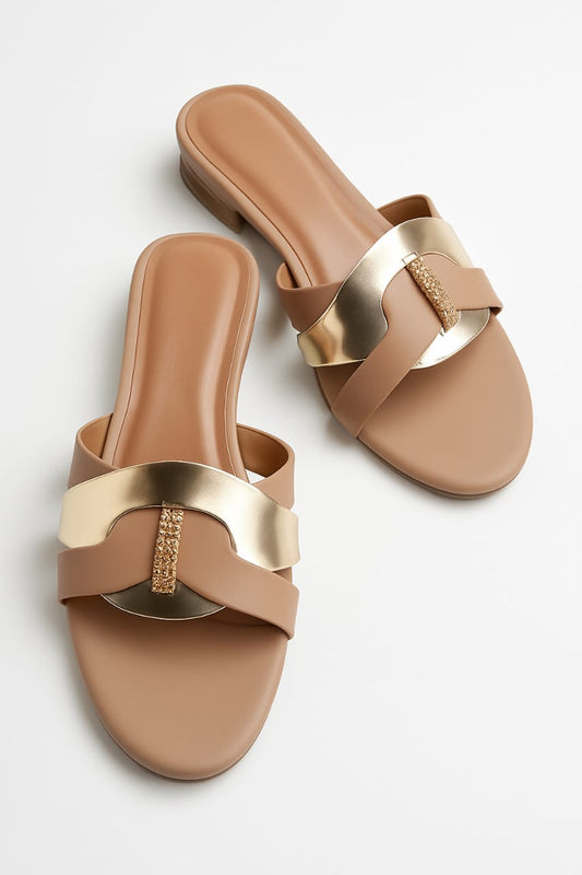 Women’s Tan & Gold Embellished Flat Sandals – Stylish Slip-on Slides With Luxury Comfort & Chic Gold Accent Shine With Every Step — Comfort Class In One Perfect Pair | Slipper | Slipper For Women (with Box)