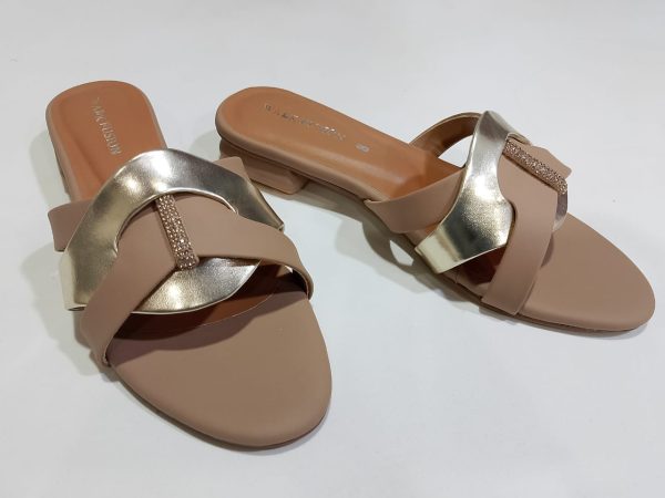 Women’s Tan & Gold Embellished Flat Sandals – Stylish Slip-on Slides With Luxury Comfort & Chic Gold Accent Shine With Every Step — Comfort Class In One Perfect Pair | Slipper | Slipper For Women (with Box)