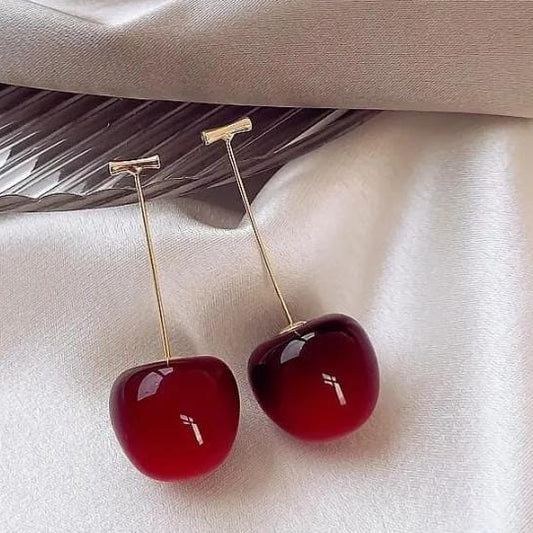 Trendy Korean Cherry Drop Earrings For Women 🍒 | Cute Long Stem Minimalist Red Cherry Earrings | Aesthetic Statement Jewelry For Casual & Party Outfits