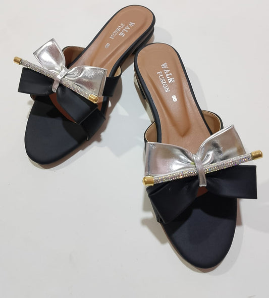 New Fashion New Design Black Bow Slide Sandals With Crystal Accent For Women