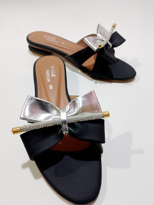 New Fashion New Design Black Bow Slide Sandals With Crystal Accent For Women