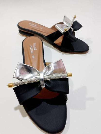 New Fashion New Design Black Bow Slide Sandals With Crystal Accent For Women