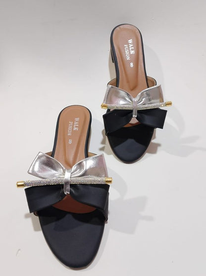 New Fashion New Design Black Bow Slide Sandals With Crystal Accent For Women