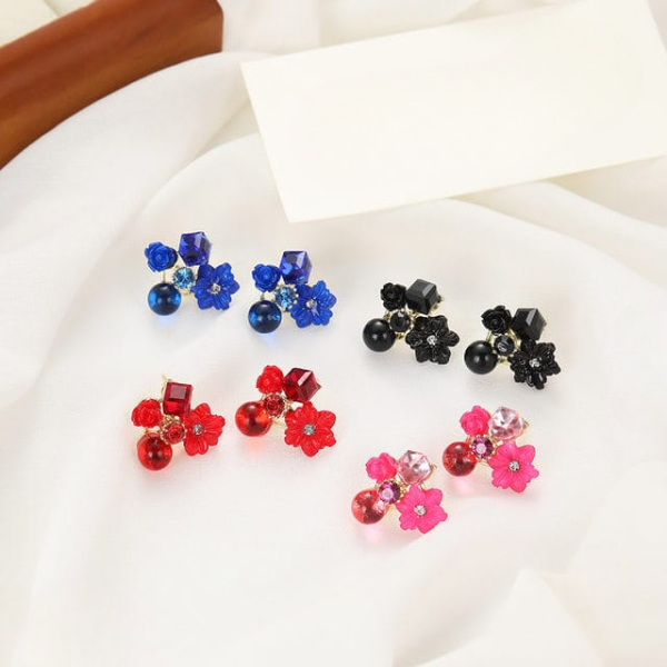 Flower Crystal Korean Earrings – Elegant Women’s Fashion Jewelry In Multiple Colors (black, Blue, Red, Yellow, Green, Sky Blue, Purple, Light Pink, Dark Pink