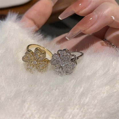 Clover Zircon Rotating Ring – Elegant Adjustable Spinner Ring For Women & Girls, Silver & Golden Finish