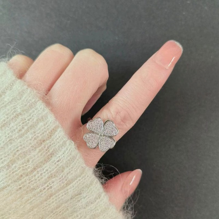 Clover Zircon Rotating Ring – Elegant Adjustable Spinner Ring For Women & Girls, Silver & Golden Finish
