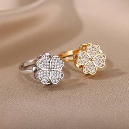 Clover Zircon Rotating Ring – Elegant Adjustable Spinner Ring For Women & Girls, Silver & Golden Finish