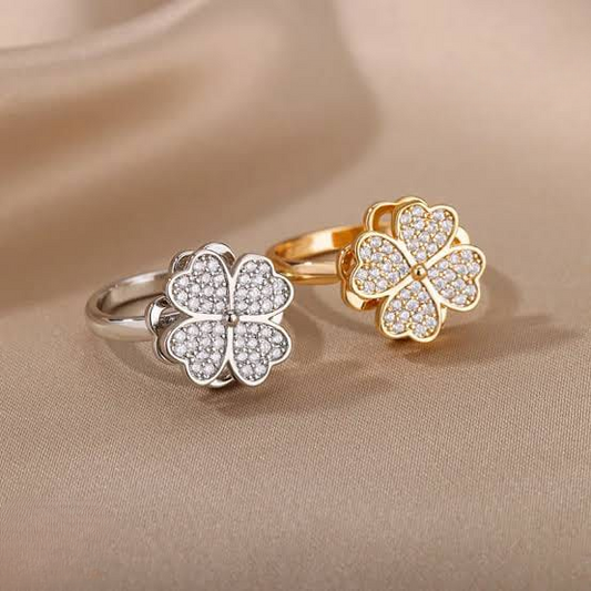 Clover Zircon Rotating Ring – Elegant Adjustable Spinner Ring For Women & Girls, Silver & Golden Finish