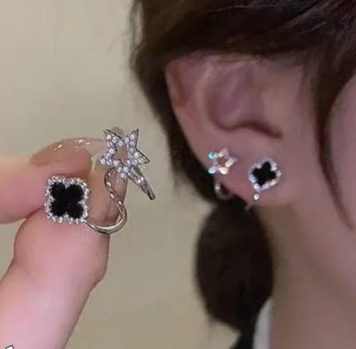Sparkling Clover Star Earrings – Gold Plated Fashion Jewelry with Black Enamel &amp; Crystal Detailing
