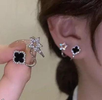 Sparkling Clover Star Earrings – Gold Plated Fashion Jewelry with Black Enamel &amp; Crystal Detailing