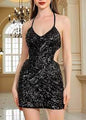 Sheer Glitter Halter Mini Dress – Keyhole Front, Open Back, Body Stocking Style (black, Free Size)