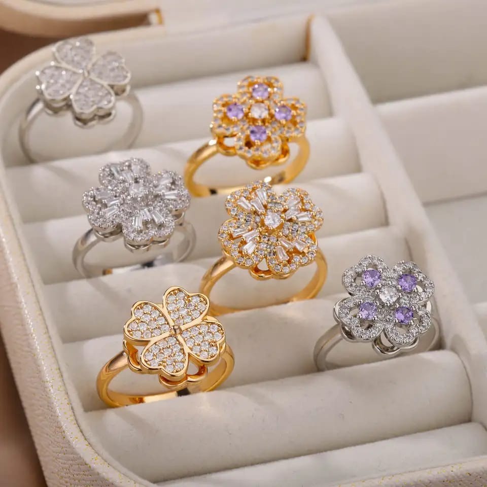 Lucky Four-leaf Clover Rotating Anxiety Ring – Spinner Fidget Ring For Stress Relief, Adjustable Lucky Flower Ring For Women & Girls (with Box)