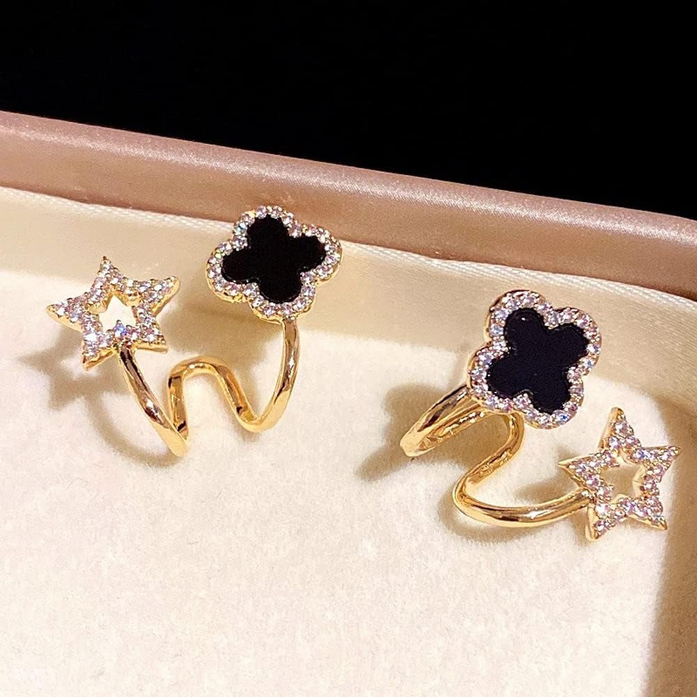 Sparkling Clover Star Earrings – Gold Plated Fashion Jewelry with Black Enamel &amp; Crystal Detailing