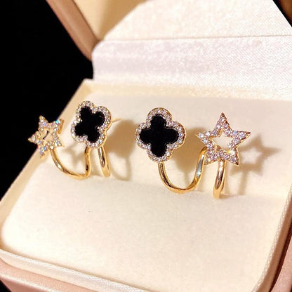 Sparkling Clover Star Earrings – Gold Plated Fashion Jewelry with Black Enamel &amp; Crystal Detailing