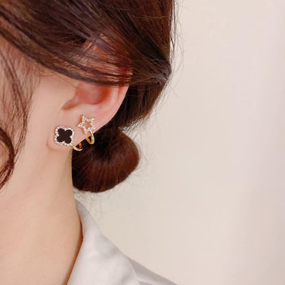 Sparkling Clover Star Earrings – Gold Plated Fashion Jewelry with Black Enamel &amp; Crystal Detailing