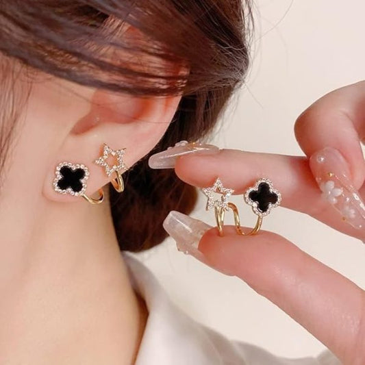 Sparkling Clover Star Earrings – Gold Plated Fashion Jewelry with Black Enamel &amp; Crystal Detailing